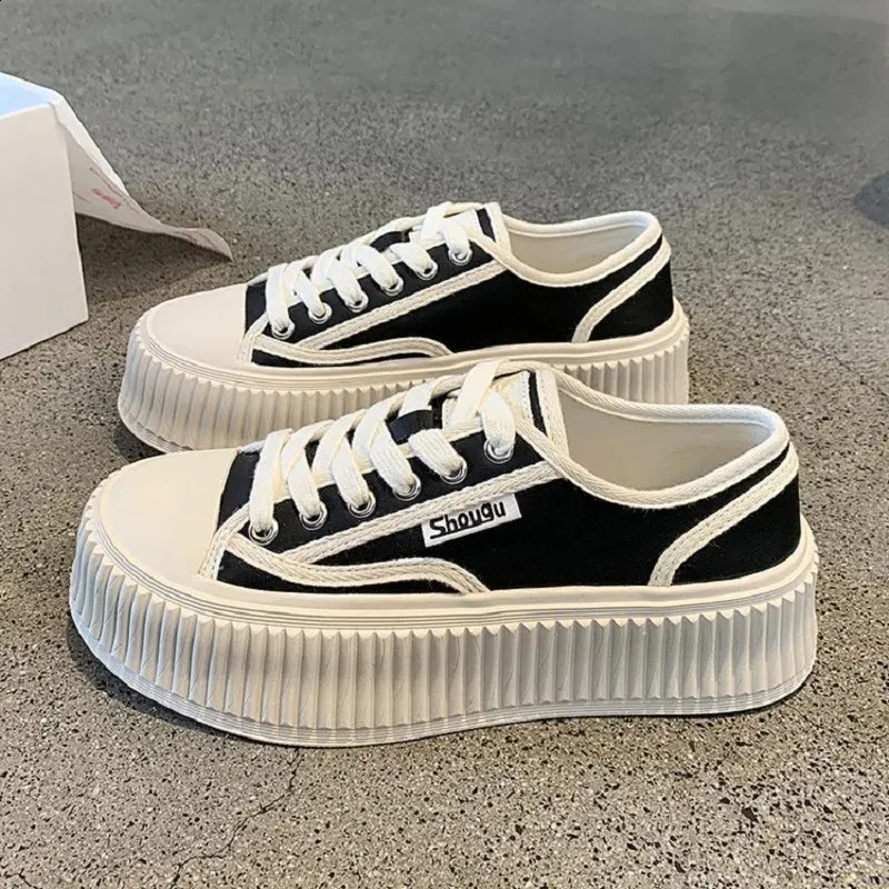 Grote maat hoge canvas damesschoenen met gevulkaniseerde, dikke zool, Koreaanse versie, vetersluiting, ademend, sneaker 250411_voghion.com
