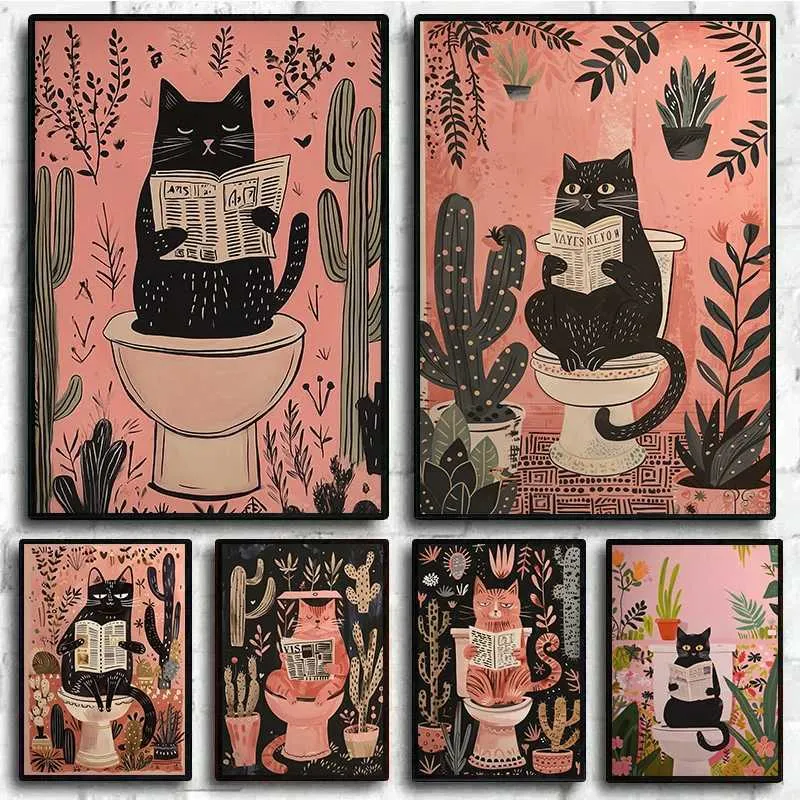Funny Black Cat Toilet Reading Poster Bathroom Wall... From Ludington ...