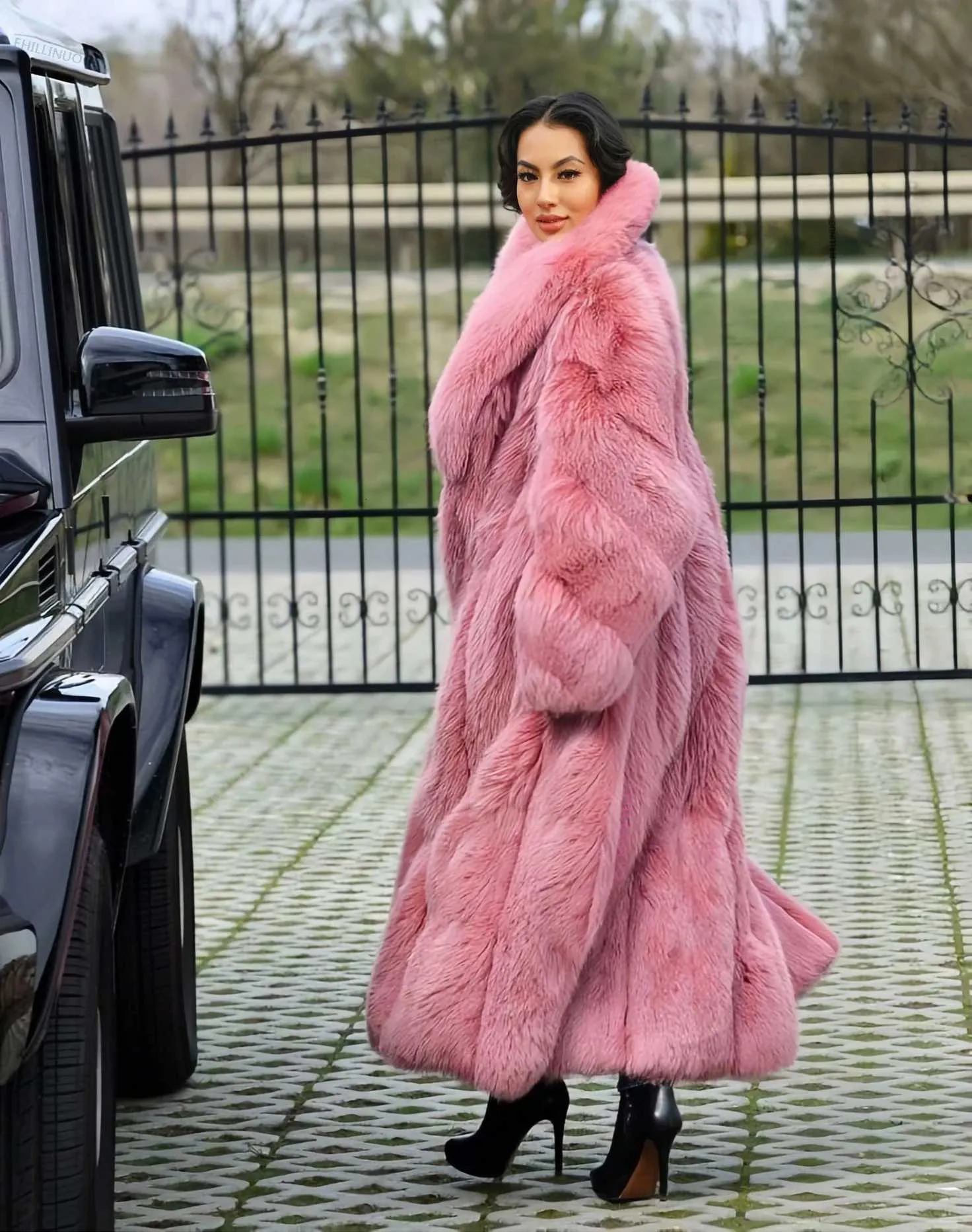 Oversized Full Length Black Faux Fur Coat With Bat From