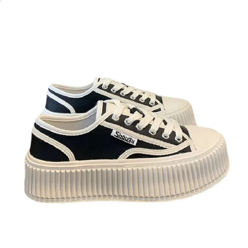 Grote maat hoge canvas damesschoenen met gevulkaniseerde, dikke zool, Koreaanse versie, vetersluiting, ademend, sneaker 250411_voghion.com