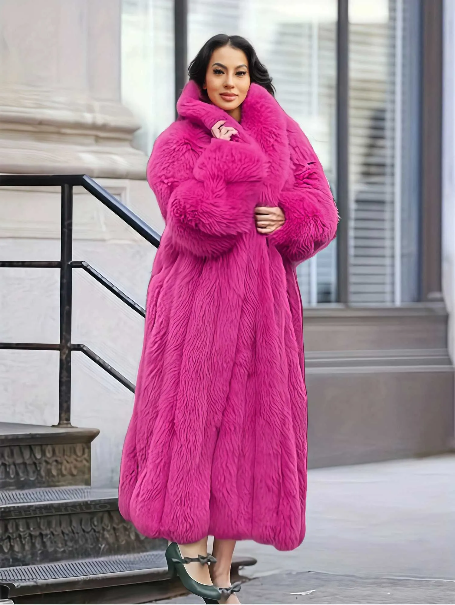 Oversized Full Length Black Faux Fur Coat With Bat From