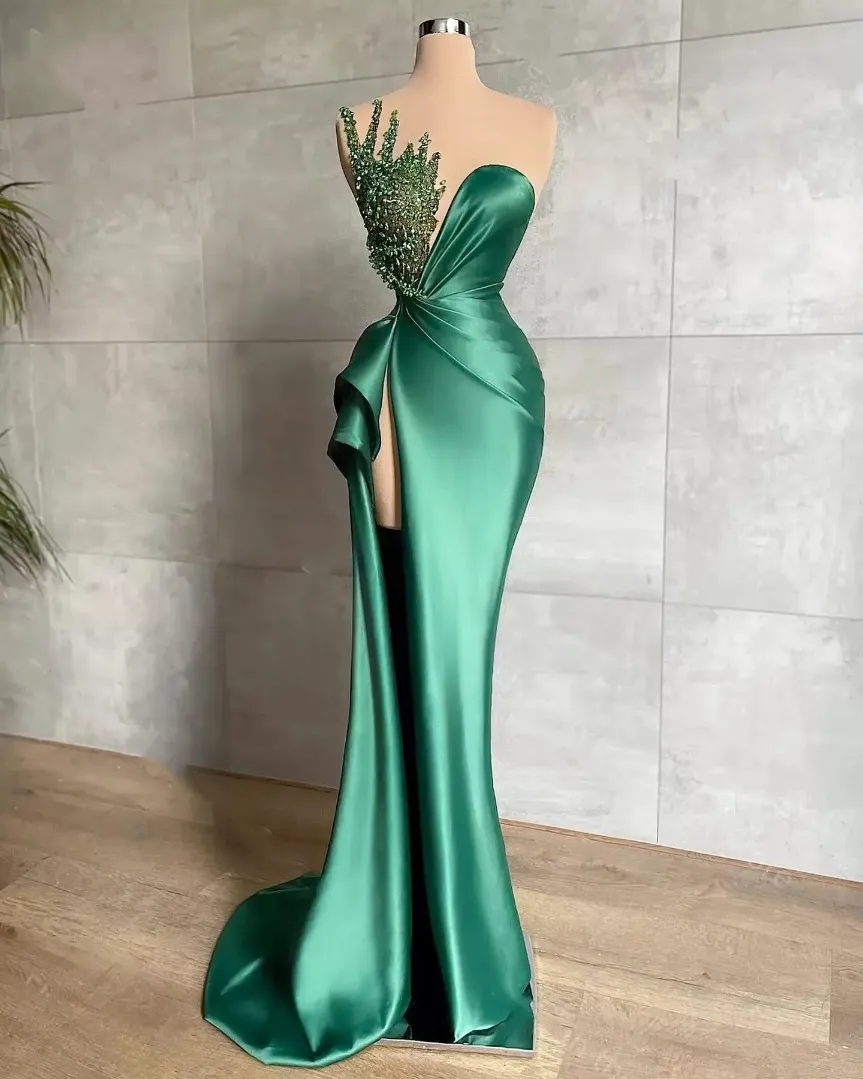 Hunter Green Mermaid Prom Dresses High Split Shiny Beads Sleeveless Evening  Gown | eBay