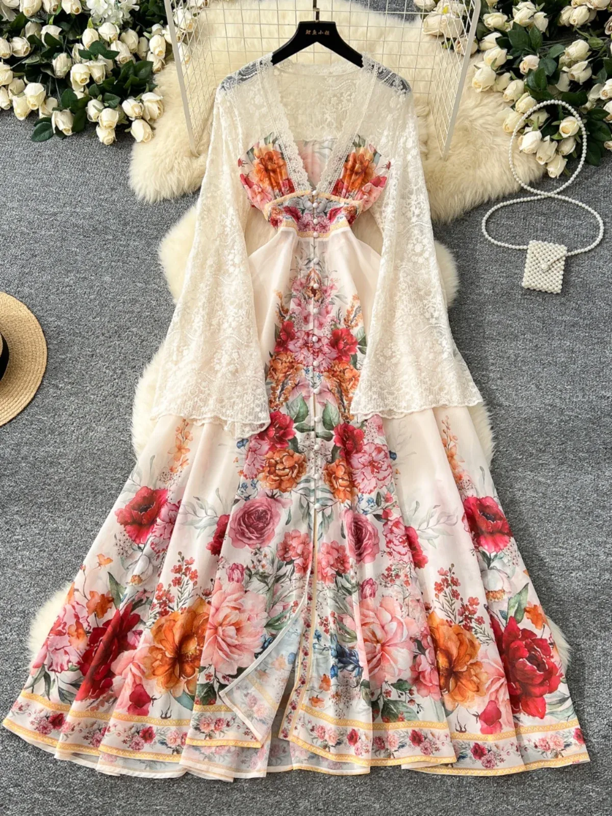 Elegant Floral Maxi Dress for Women: Summer Autumn Evening Robe with Lace  Flare Sleeves, Printed Long Chiffon Party Vestidos from Dhgate Plus size  Dresses - price 69.85