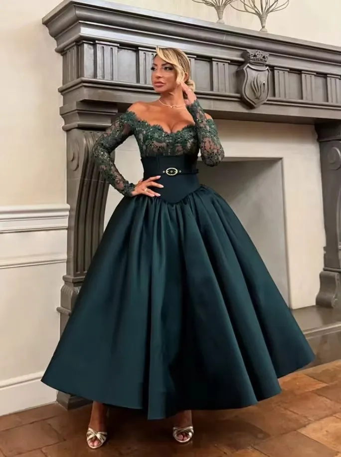 Hunter Green Tea Length Evening Dress, Off Shoulder... From Babyonline, Rs.13,276.49