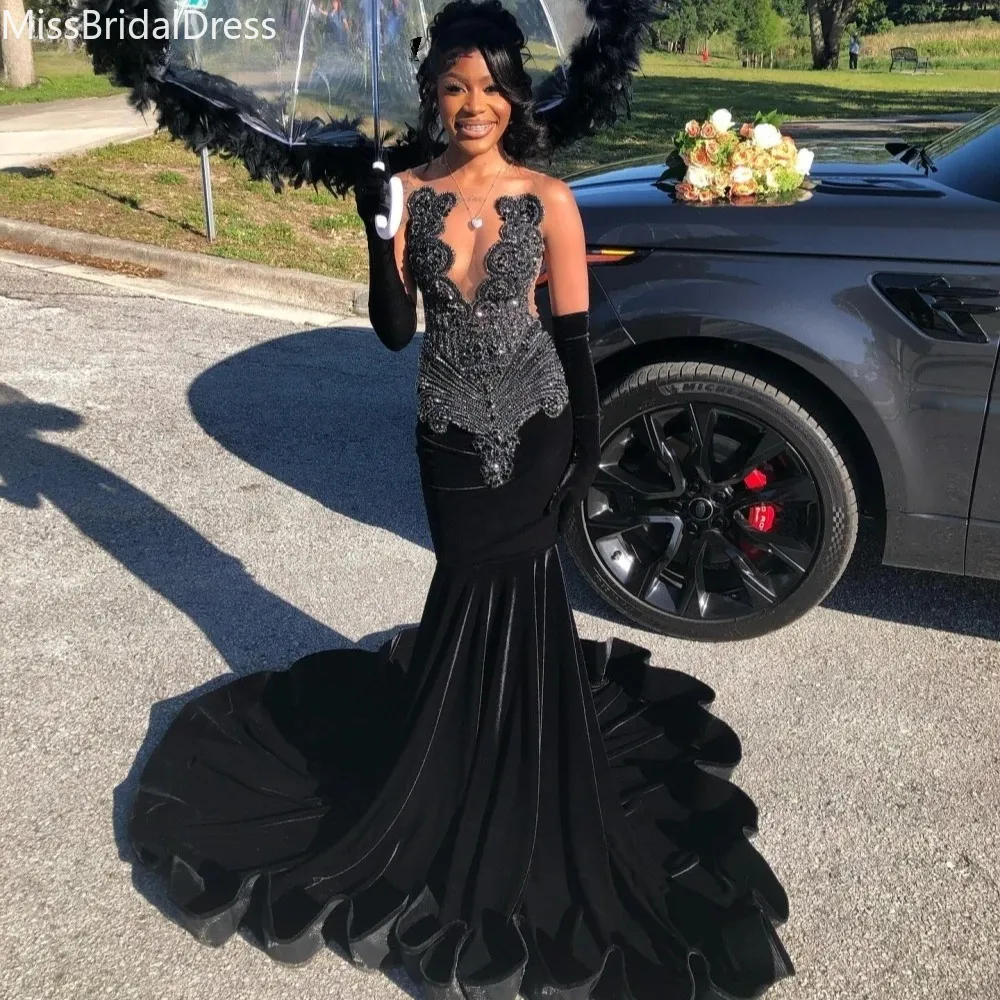 sexy black mermaid dress Customized Sexy Black Velvet Mermaid Prom Dresses Black Girls Diamond Beaded Evening Party Gown Vestido de Festa Plus Size 1113