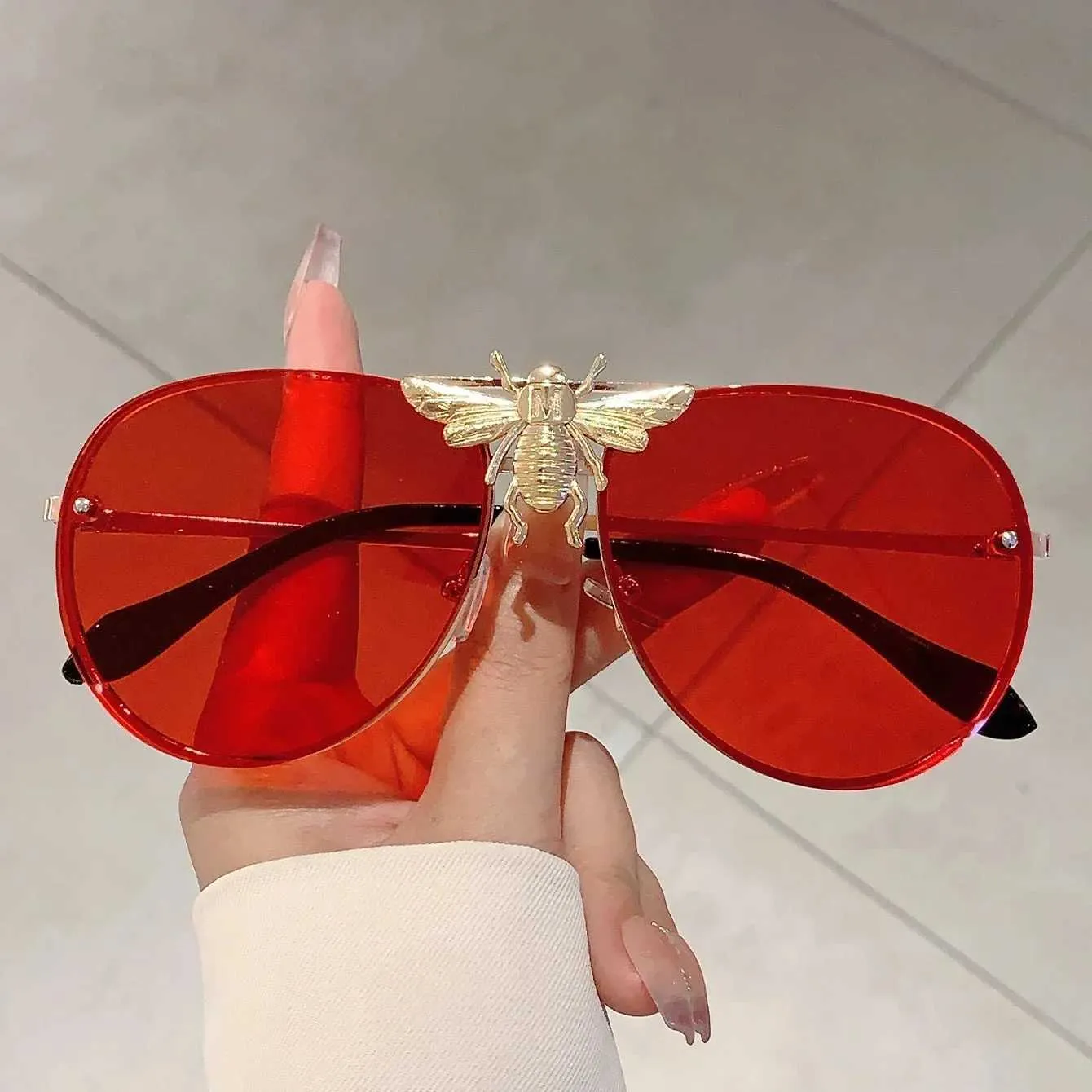 Large Sunglasses Bee Emblem Designer Luxury - NEW Luxe Bee Rimless Metal Plated Insect Color Oversize Aviator  main image 3