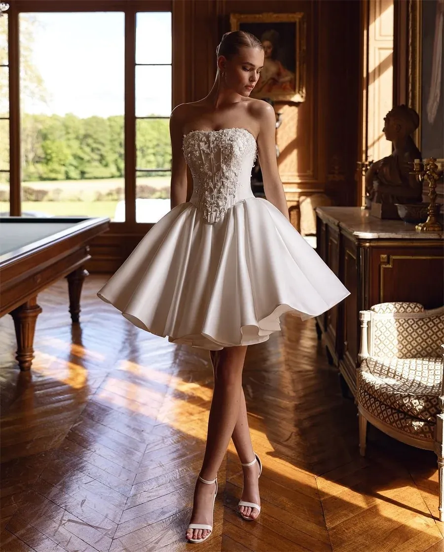 short wedding dress with corset back Short Wedding Dress 2026 Sweetheart Lace Appliques Corset Back Satin Bridal  Gown from Dhgate A-Line Wedding Dresses