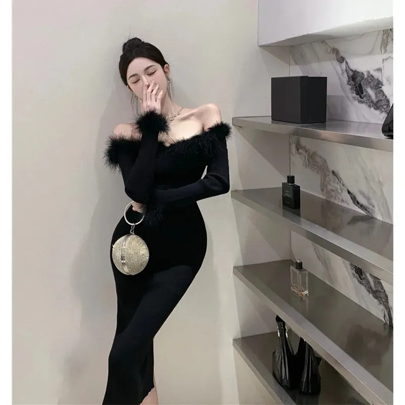 midi dress for winter party Slash Neck Knitted Midi Dress Faux Fur Spliced Long... From Mysticastore, Rs.4,385.75 In Bulk