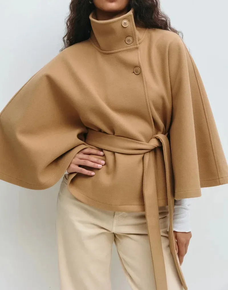 Womens Y2K Woolen Cape Coat With Batwing Sleeves And From