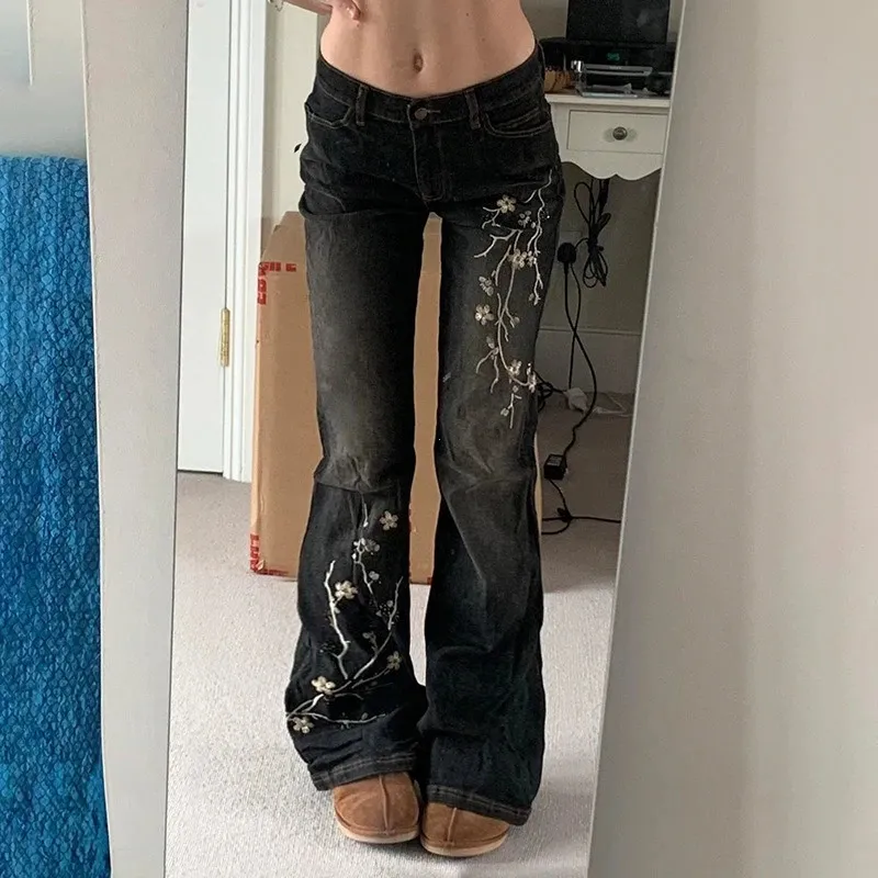 Jean évasé Noir Chrome Hearts Fleur Genou – Taille 27 Vintage Y2K