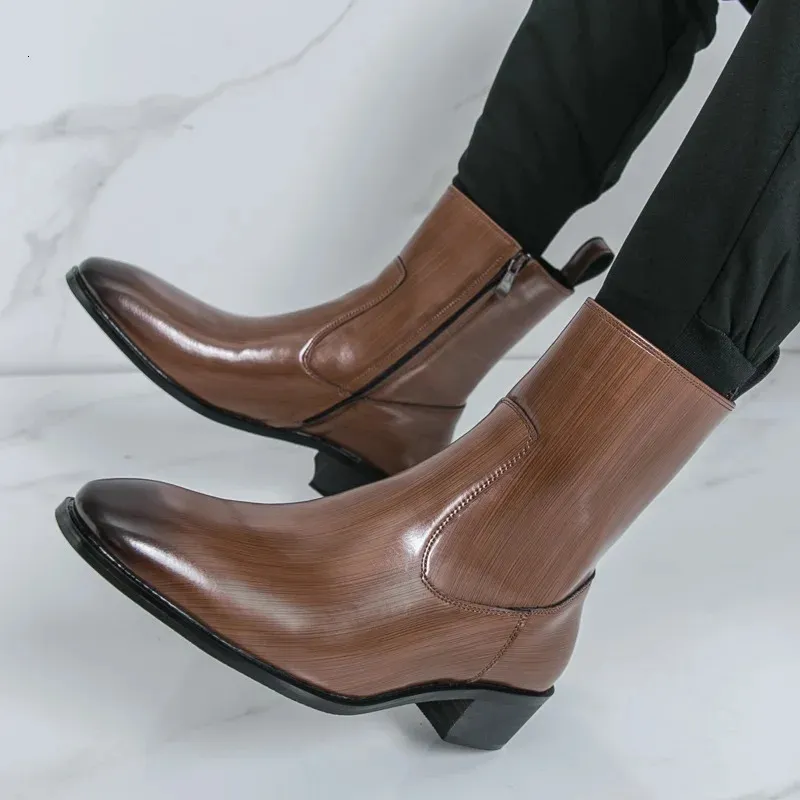 Winter High Tops Pointed Toe Patent Leather Chelsea Ankle Boots For Mens Flats Black Brown All Match Shoes 251113_vogvips.com