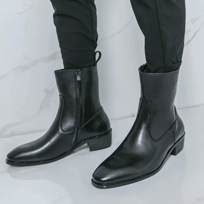 Winter High Tops Pointed Toe Patent Leather Chelsea Ankle Boots For Mens Flats Black Brown All Match Shoes 251113_vogvips.com
