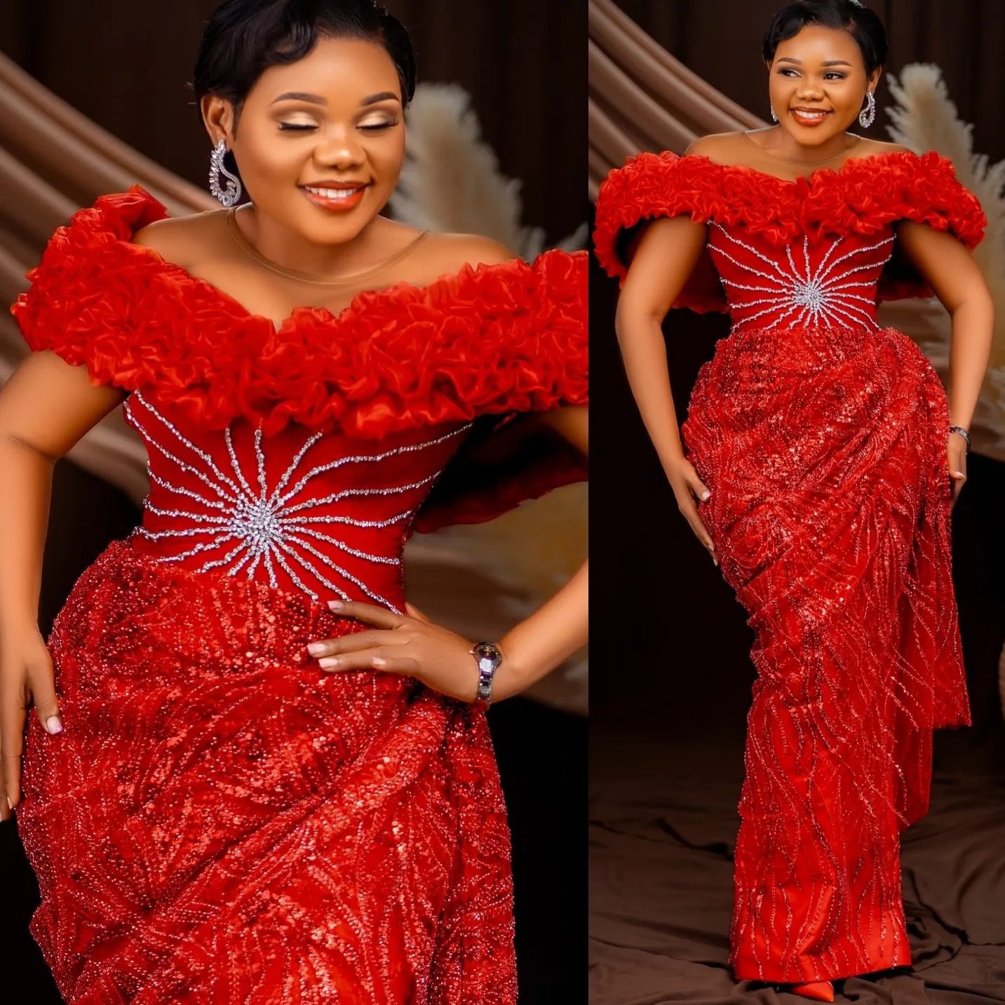 Aso Ebi Nigeria Red Sheath Prom Dresses Sheer Neck Beaded Sequined ...