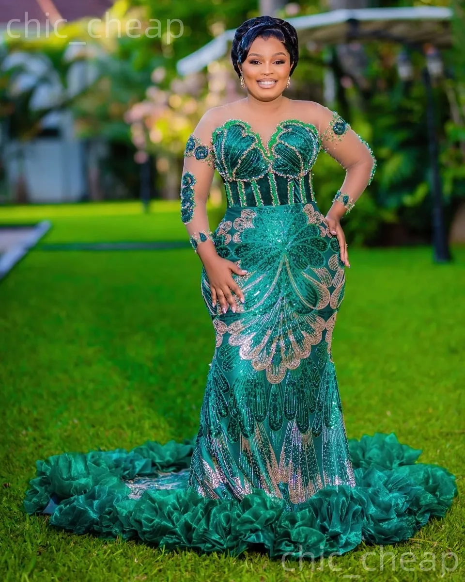 Hunter Green Sequined Beaded Mermaid Green Sparkly prom dress - Aso Ebi 2026 - Sparkly Evening Formal Party Gown for Second Birthday and Special