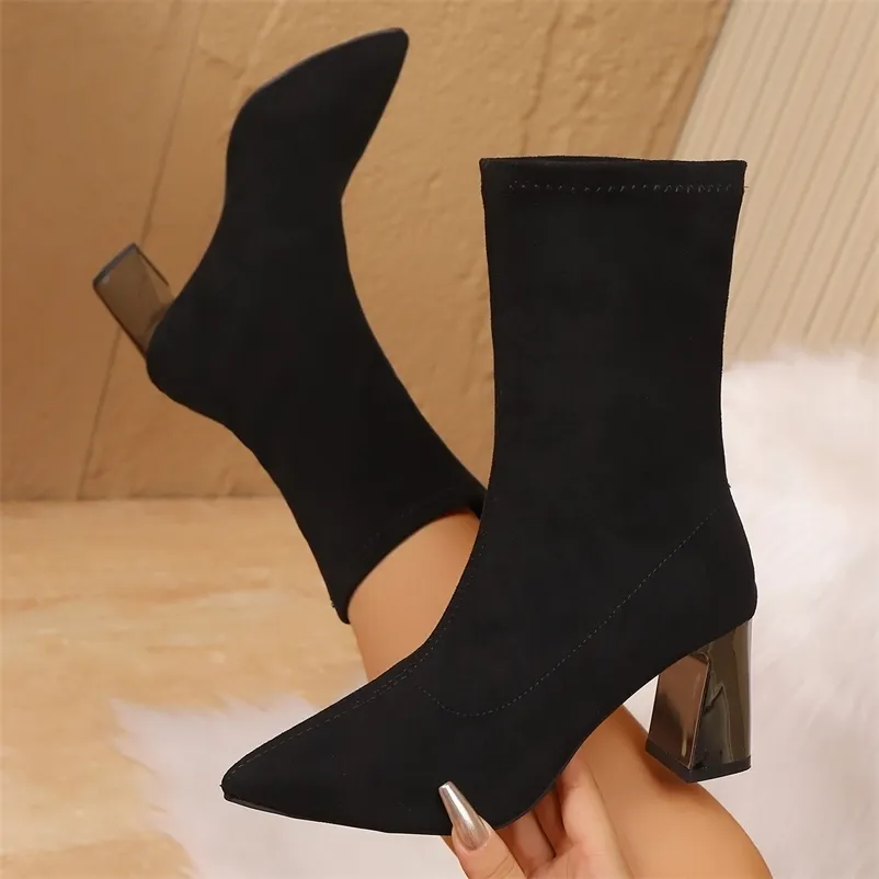 Strickstrümpfe aus Stretchmaterial für Damen, niedrige Absätze, kurze Stiefeletten mit spitzer Zehenpartie, Größe 43, 251113_voghion.com