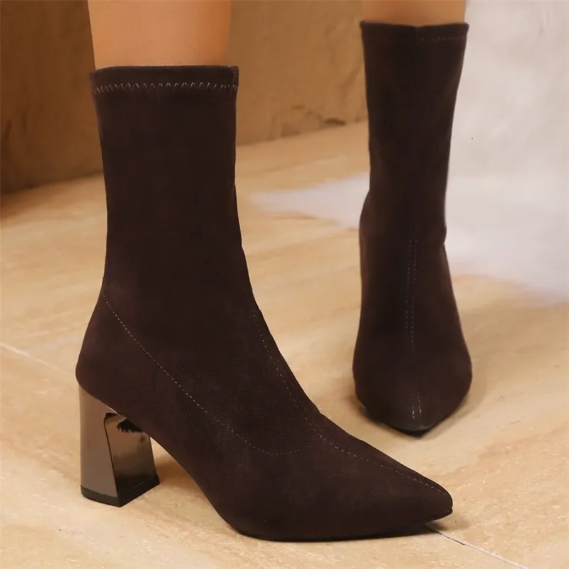 Strickstrümpfe aus Stretchmaterial für Damen, niedrige Absätze, kurze Stiefeletten mit spitzer Zehenpartie, Größe 43, 251113_voghion.com