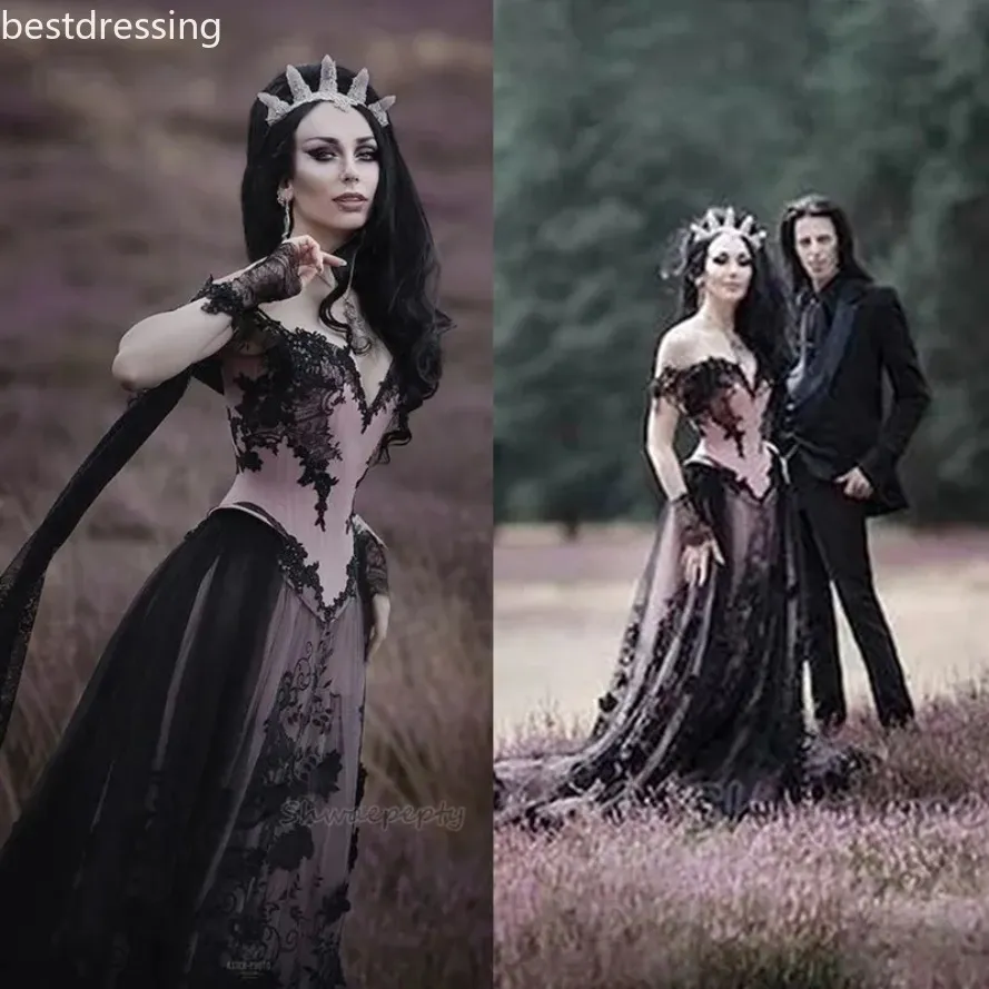 Dusty Pink and Black Gothic Wedding Dress Off The Shoulder Corset A Line Steampunk Bridal Gowns Lace Appliques Vintage Vestido de Novia Back Lace-Up