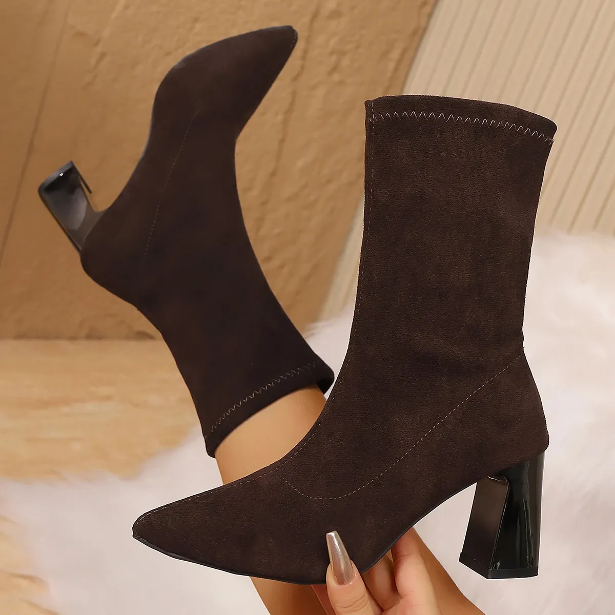 Herbst Winter Strick Stretch Stoff Stiefeletten Für Damen_voghion.com