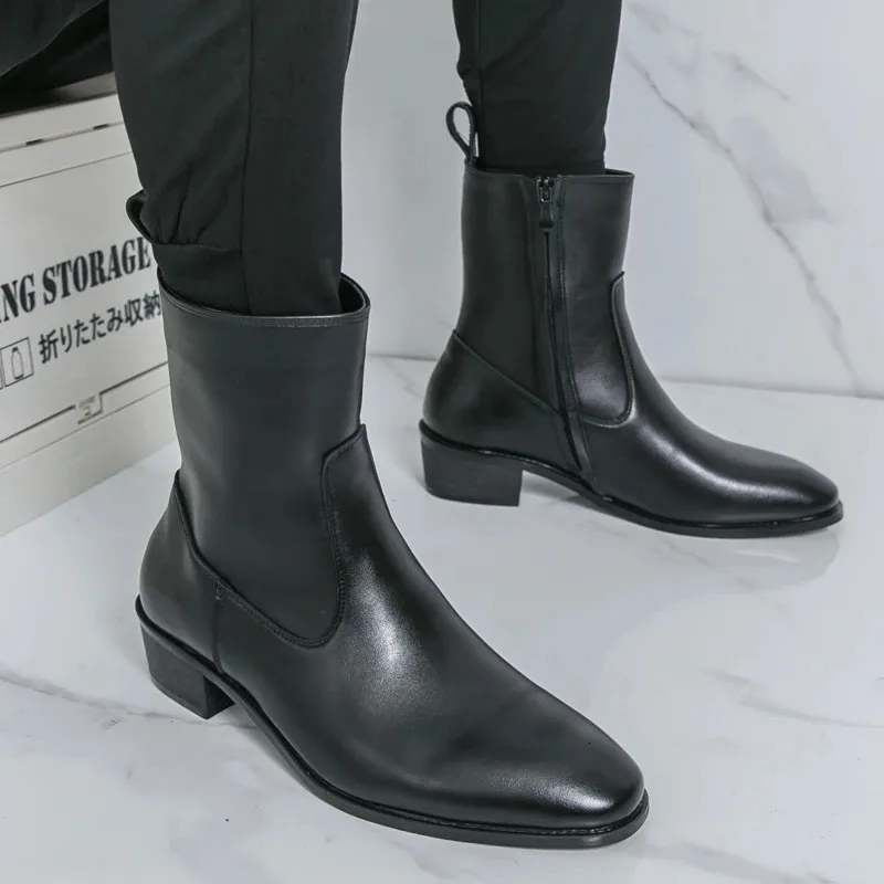 Winter High Tops Pointed Toe Patent Leather Chelsea Ankle Boots For Mens Flats Black Brown All Match Shoes 251113_vogvips.com