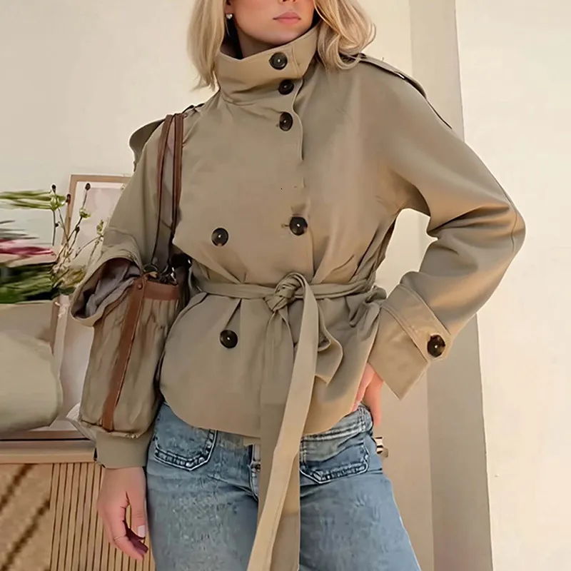 plain tie waist belt double breasted jacket