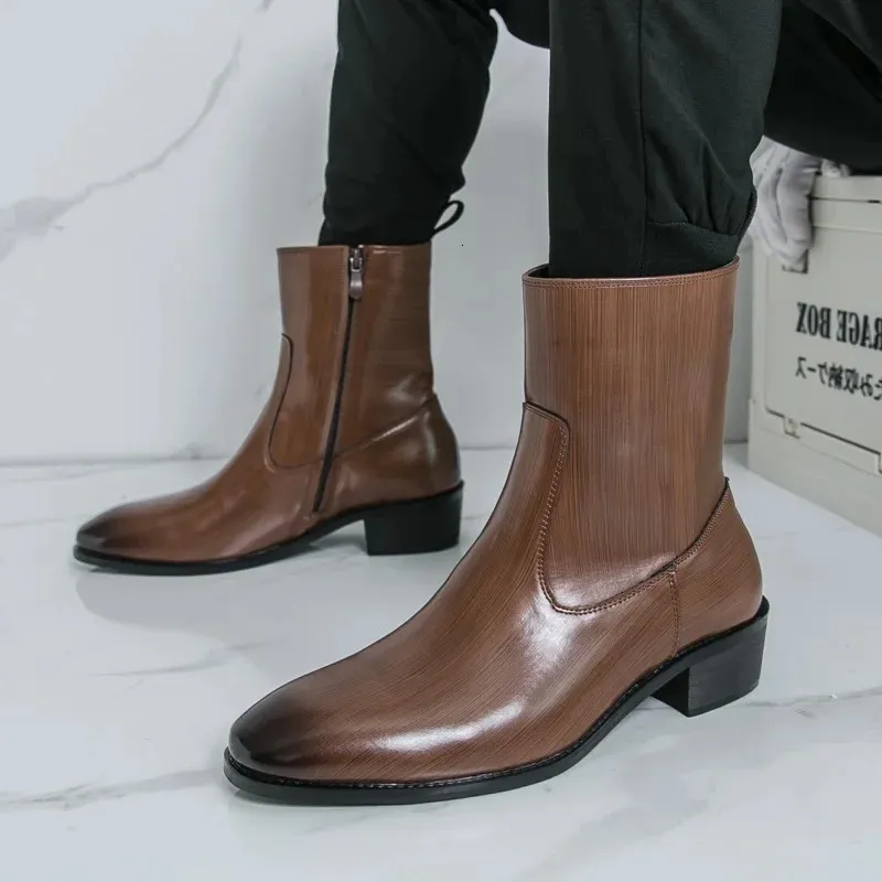 Winter High Tops Pointed Toe Patent Leather Chelsea Ankle Boots For Mens Flats Black Brown All Match Shoes 251113_vogvips.com
