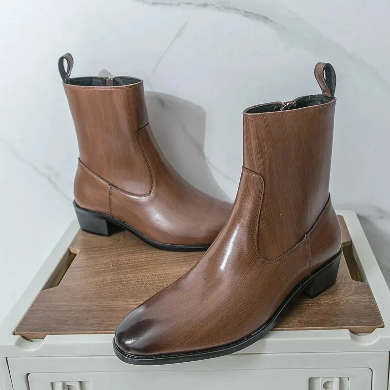 Winter High Tops Pointed Toe Patent Leather Chelsea Ankle Boots For Mens Flats Black Brown All Match Shoes 251113_vogvips.com