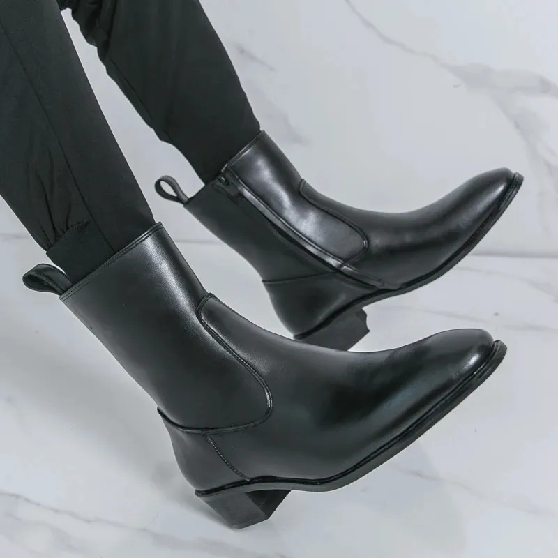 Winter High Tops Pointed Toe Patent Leather Chelsea Ankle Boots For Mens Flats Black Brown All Match Shoes 251113_vogvips.com