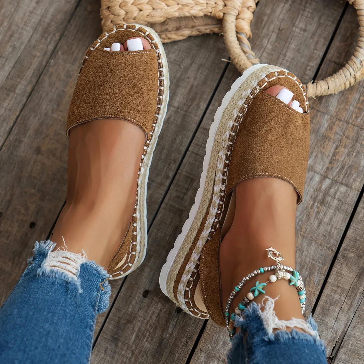 Womens Mid Heel Sandals Ladies Thick Bottom Casual Slippers Summer Round Toe Female Shoes Women Platform Mules Slipper_vogvips.com