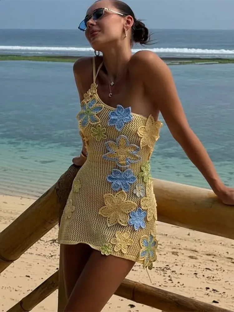 Sexy Crochet Strap Short Dress Women Color Flower Skew-collar Sleeveless Beach Dresses Female 2025 Fashion Hallow Out Robe Lady 250409