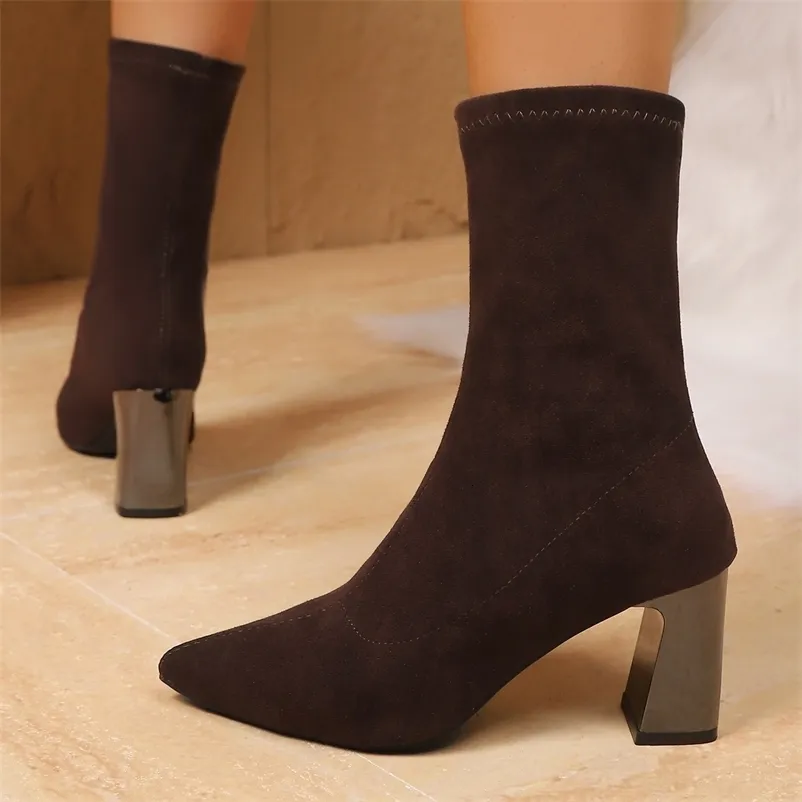 Strickstrümpfe aus Stretchmaterial für Damen, niedrige Absätze, kurze Stiefeletten mit spitzer Zehenpartie, Größe 43, 251113_voghion.com