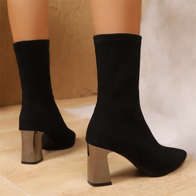 Strickstrümpfe aus Stretchmaterial für Damen, niedrige Absätze, kurze Stiefeletten mit spitzer Zehenpartie, Größe 43, 251113_voghion.com