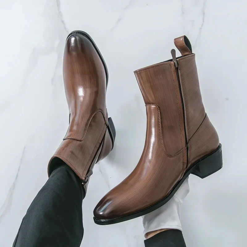 Winter High Tops Pointed Toe Patent Leather Chelsea Ankle Boots For Mens Flats Black Brown All Match Shoes 251113_vogvips.com