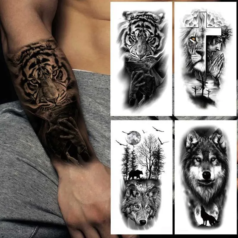 6 Große Temporäre Tattoos – Wolf & Tiger-Motive Für Männer & Frauen | Wasserdicht, Abziehbar, Schwarz