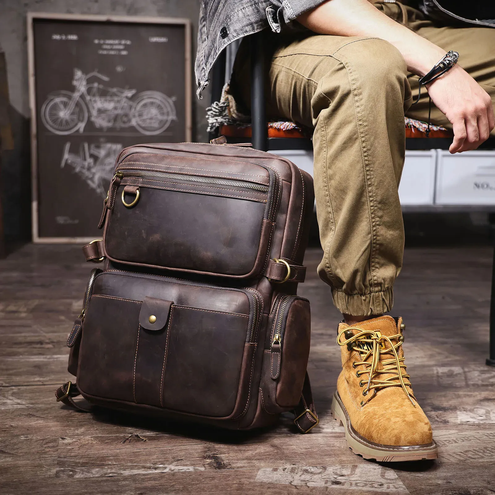 SWORKER Vintage Rucksack aus echtem Crazy Horse Leder, Laptop-Rucksack, Freizeitrucksack für Schule, Outdoor-Aktivitäten, Reisen und Wochenendausflüge 251113_voghion.com