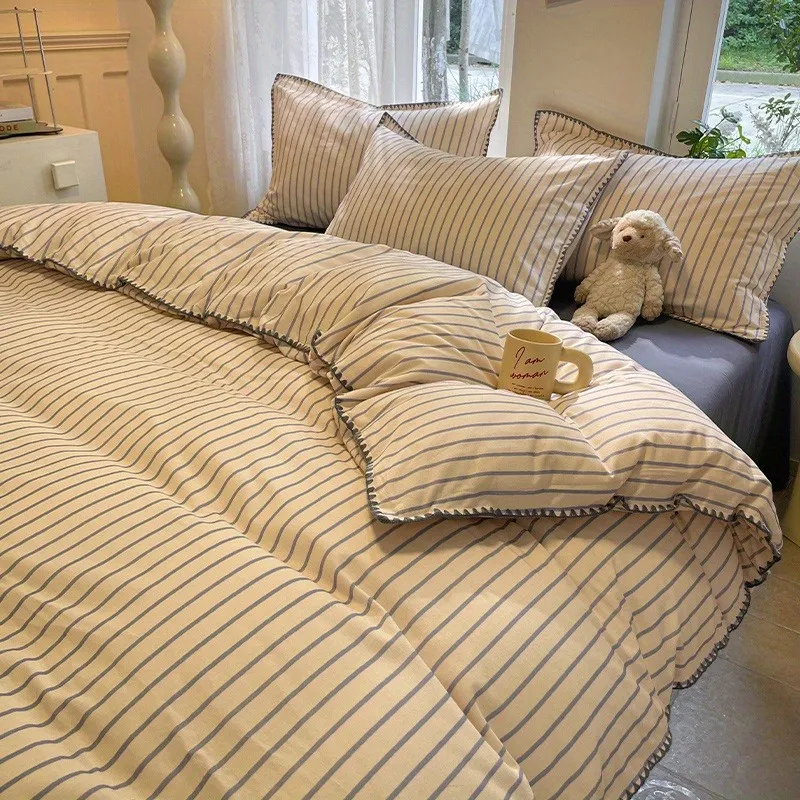 Simple Design Bedding Minimalist Striped Bedding Set 4-Piece Polyester Cotton Blend Printed ...