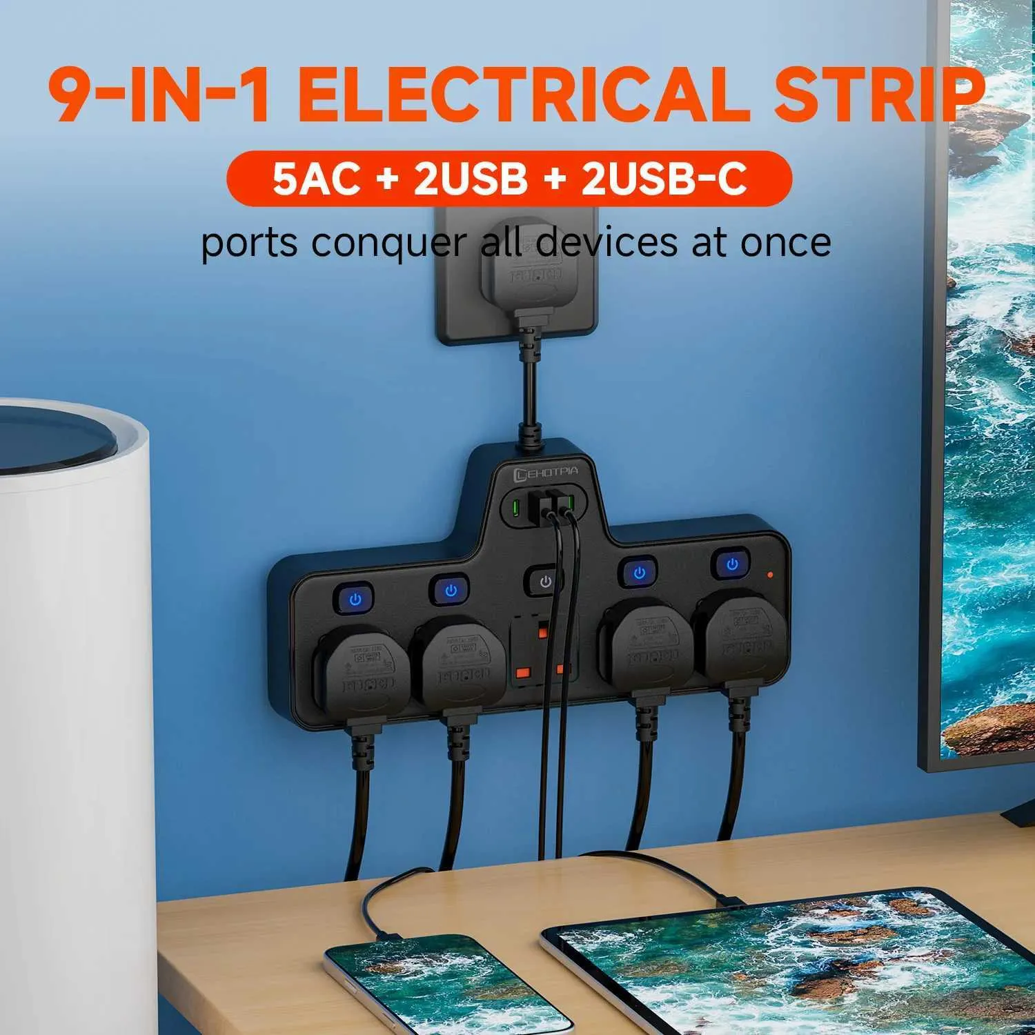 UK Plug AC Power Strip 2500W With Independent Switches Multitap Outlet ...