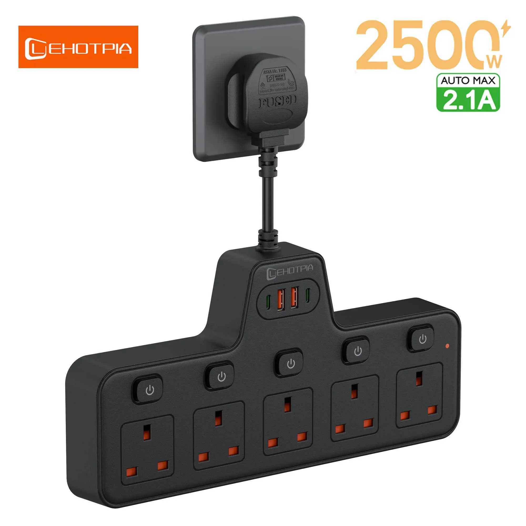 UK Plug AC Power Strip 2500W With Independent Switches Multitap Outlet ...