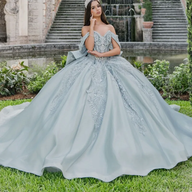 Aqua Blue Quinceanera Dresses - Off Shoulder Sequin Lace Applique with Beading and Crystal Bow