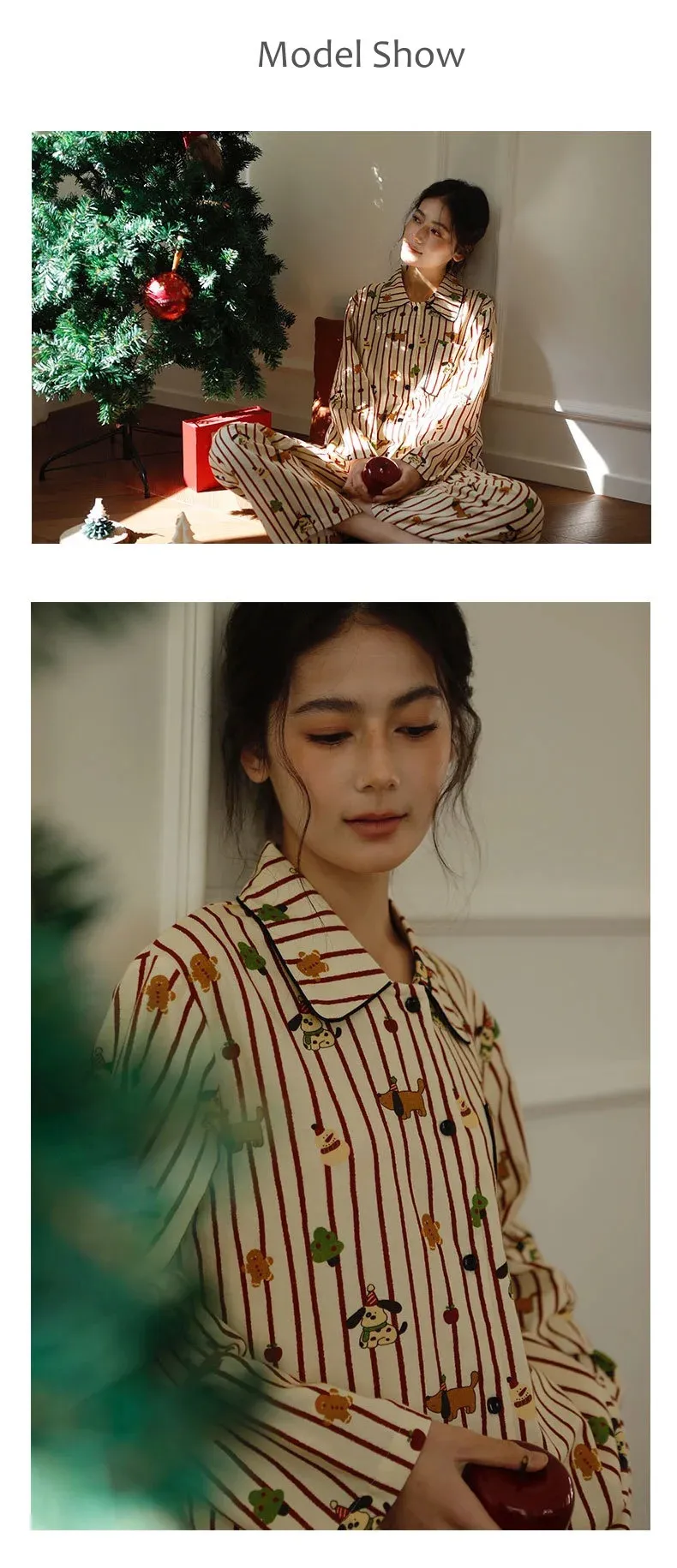 Women Acrylic Knit Two-Piece Pajamas Christmas Print Turn-Down Collar ...