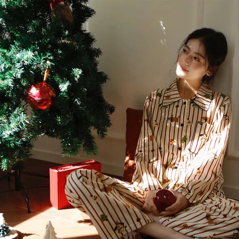 Women Acrylic Knit Two-Piece Pajamas Christmas Print Turn-Down Collar ...