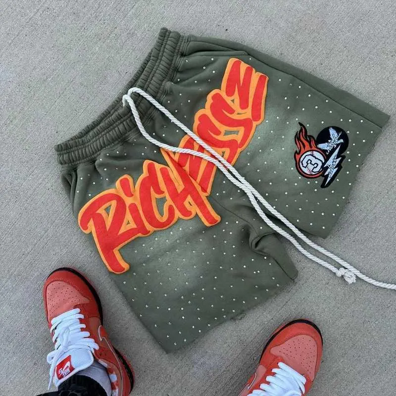 Letter Print Mens Shorts Street Fashion Rhinestone Basketball Shorts Men Clothing Loose Casual Sweatpants Shorts For Men_viptrois.com
