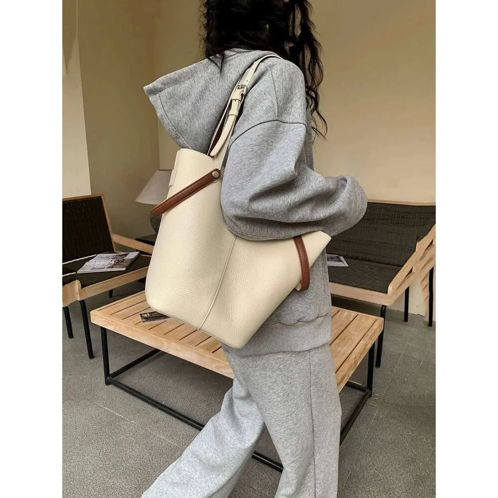 Extra Large Genuine Leather Bucket Shoulder Bag with Two Handles