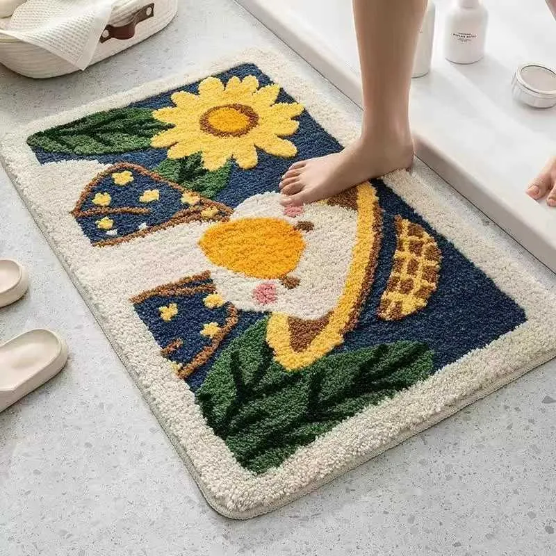 Cotton carpet slip mat with tatting weave, square absorbent bathroom ...