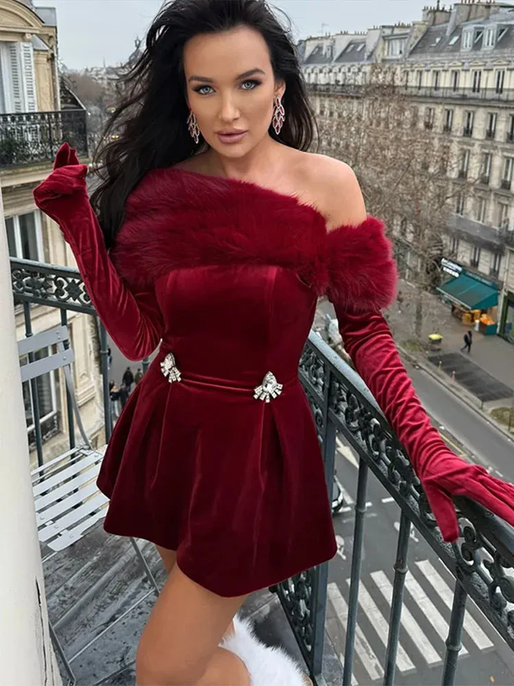 red dress with fur sleeves Red Midi Dress, Puff Sleeve Romantic Dress, Elegant Tea Length Outfit for Date Night, Dinner, Special Moments