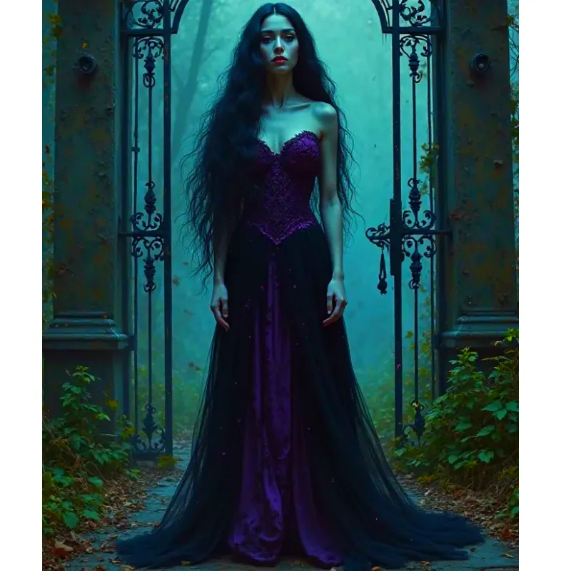 Gothic Wedding Dress: Purple & Black Lace Appliques, A Line Corset ...