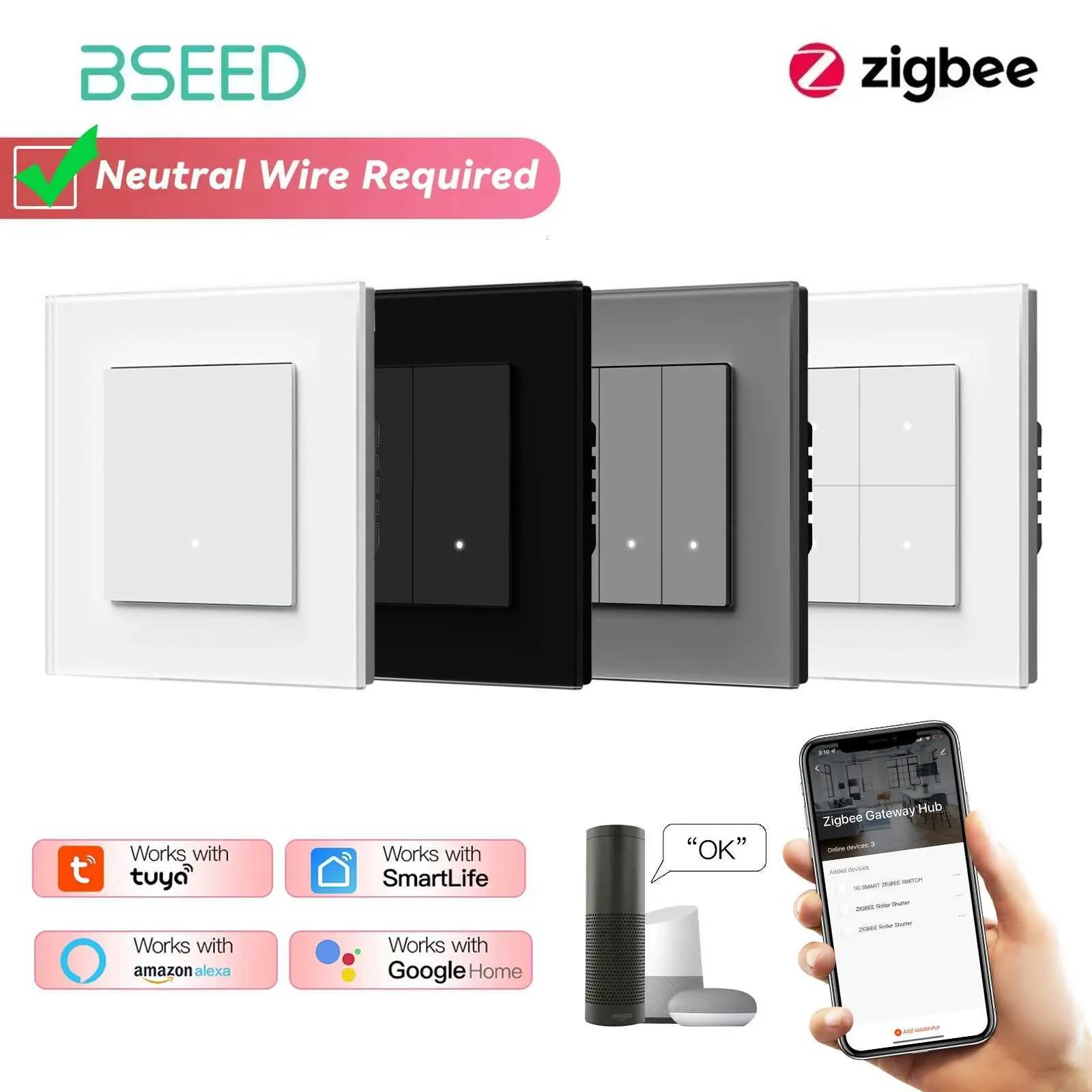 BSEED Zigbee 1/2/3/4 Gang Smart Wall Switch Touch On/Off Black Glass ...