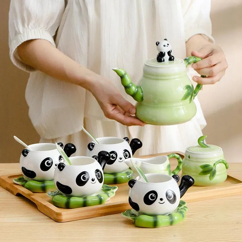Ceramic Tea Set with 1 Pot, 2 Cups, 2 Saucers 350ml Cartoon Style Red ...