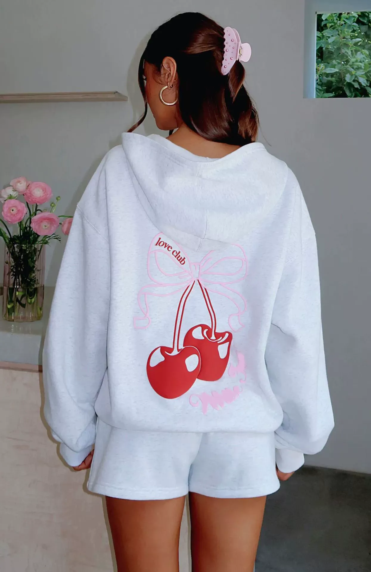 Cherry Patterned Fleece Lined Hoodie Sweatshirt Casual Women's Hoodies Trendy Pullover Cotton Streetwear Tops
