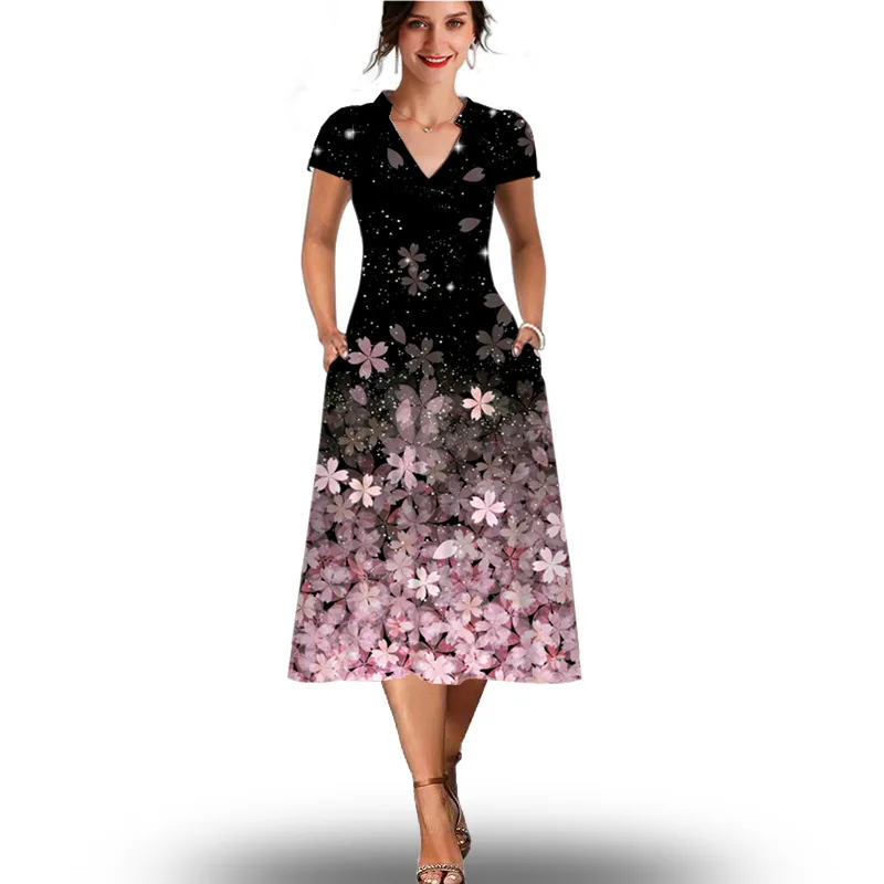 Womens Knee-Length Polyester Swing Dress with V-Neck and Short Sleeves,  Empire Waistline, Casual Summer Outfit from Dhgate Plus size Dresses -  price 301.51
