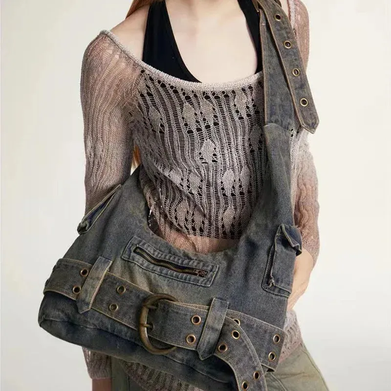 バッグ archive Y2K Denim Leather Shoulder Bag Y2K Denim Shoulder Bag - Trendy Vintage Punk Handbag, Gothic